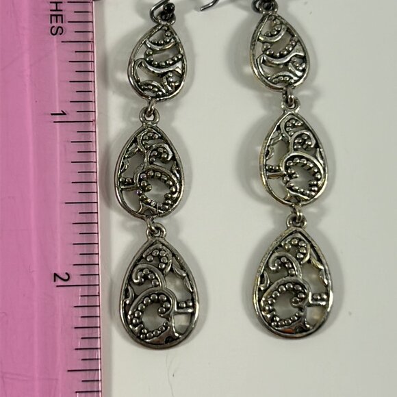 Silver Tone Earrings Triple Tier Teardrop Dangle Open Work Ornate 2.5" Drop - Picture 7 of 7